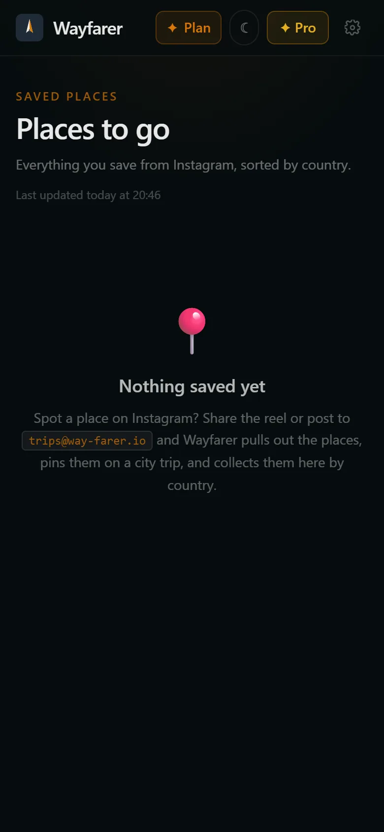 The Wayfarer Saved hub, where places from Instagram posts are collected by country