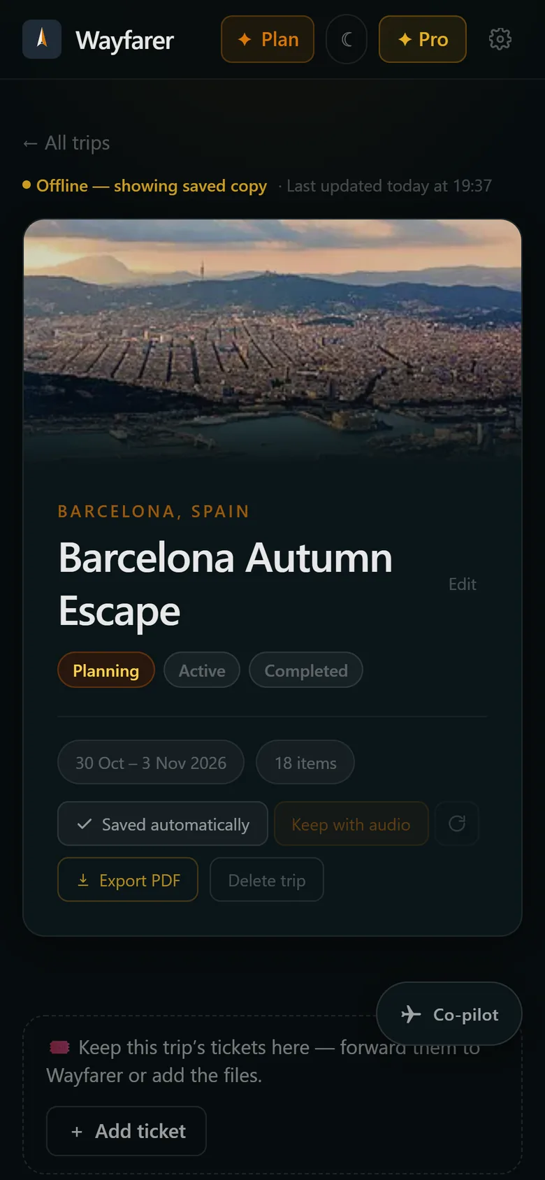 A Wayfarer trip open on a phone with no internet connection
