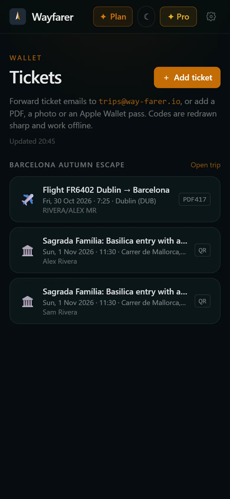 The Wayfarer ticket wallet with a boarding pass and museum tickets for a Barcelona trip